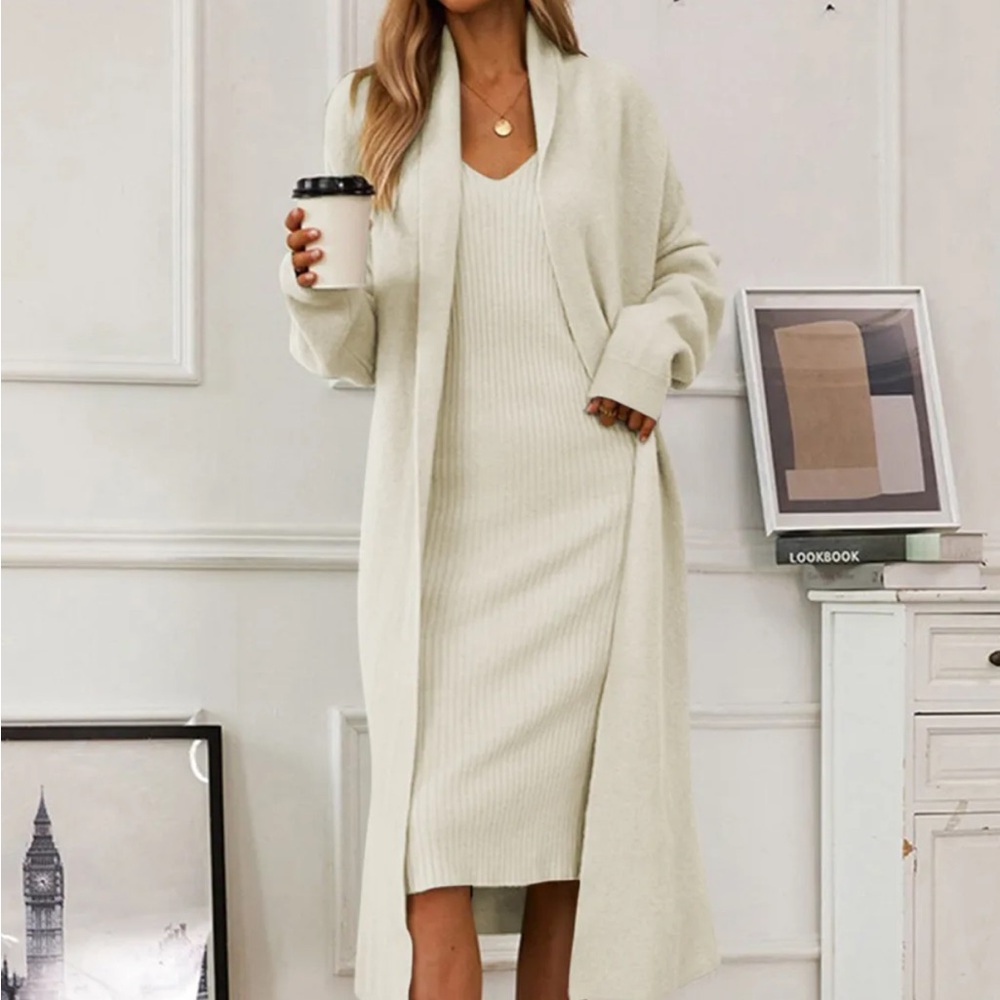 Elegant Cream Knit Dress and Cardigan Set